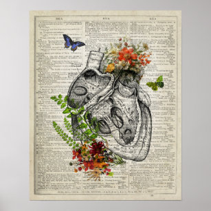 Affiche Coeur avec fleurs Anatomie Dictionnaire Art