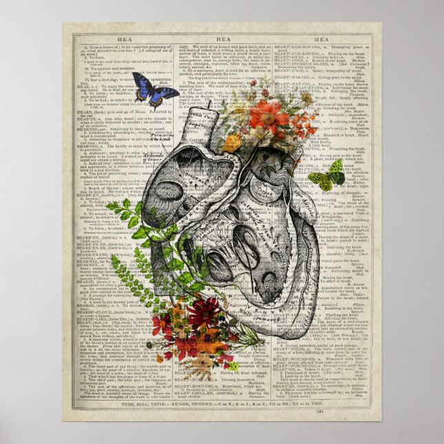 Affiche Coeur avec fleurs Anatomie Dictionnaire Art (Devant)