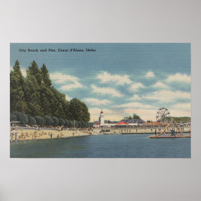 Affiche Coeur d'Alene, ID - Vue de City Beach & Pier (Devant)
