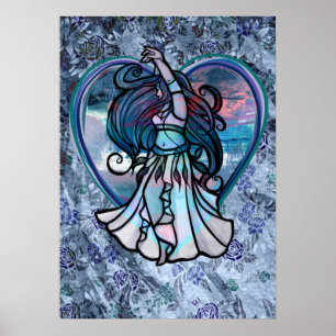 Affiche Coeur d'amour turquoise et violet danseuse du vent