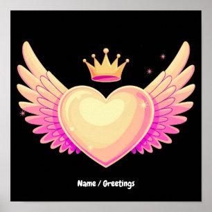 Affiche Cœur d'ange avec des ailes roses fraîches et couro