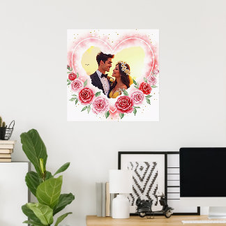 Affiche Coeur d'aquarelle romantique avec étincelles d'or