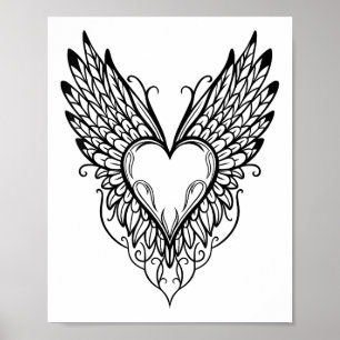 Affiche Coeur de Jour Valentines Avec Ailes Tatouage Style