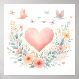 Affiche Cœur de l'aquarelle douce Amour Fleurs Oiseaux