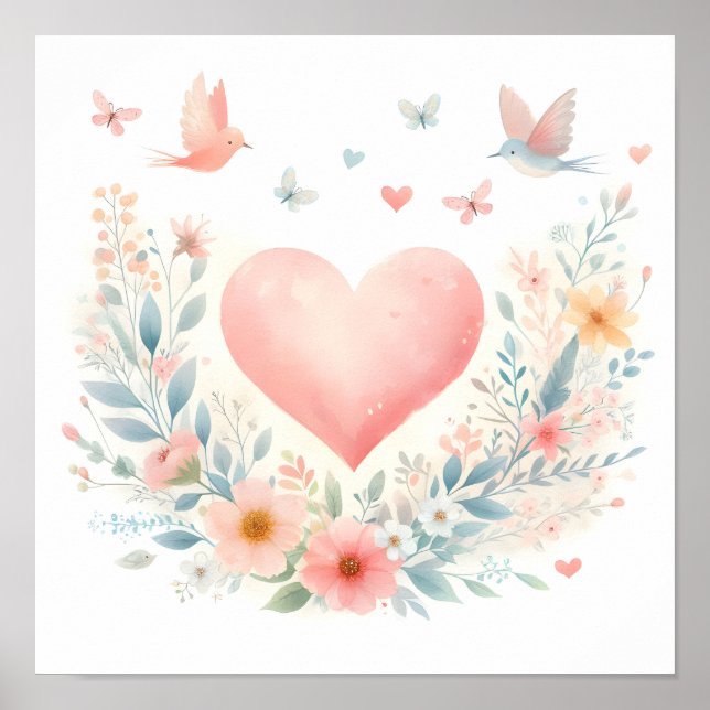 Affiche Cœur de l'aquarelle douce Amour Fleurs Oiseaux (Devant)