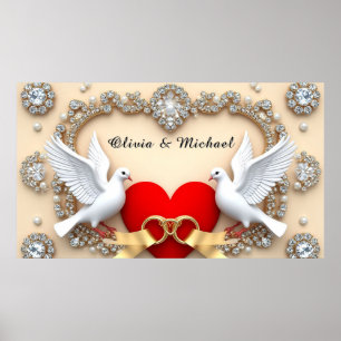 Affiche Cœur de mariage diamant romantique avec colombes