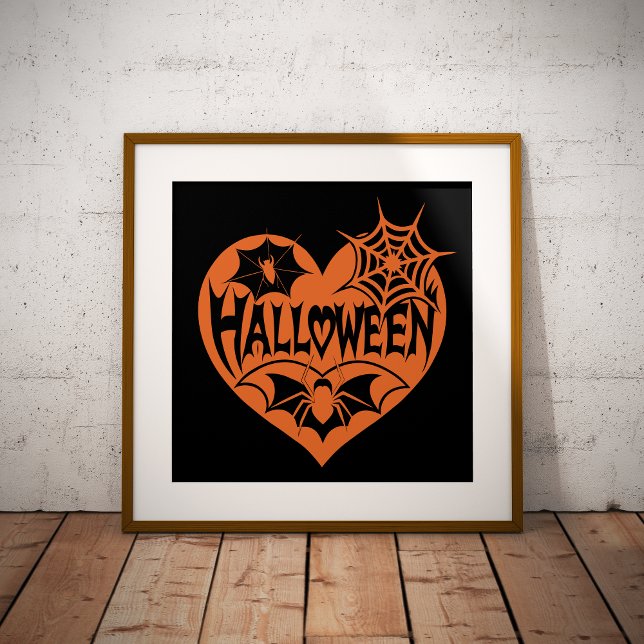 Affiche Cœur d'Halloween, Forme de cœur orange, Toile d'ar (Créateur téléchargé)