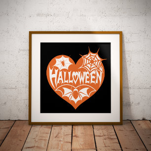 Affiche Cœur d'Halloween, Forme de cœur orange, Toile d'ar