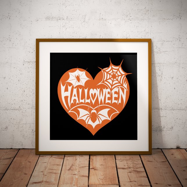 Affiche Cœur d'Halloween, Forme de cœur orange, Toile d'ar (Créateur téléchargé)