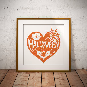 Affiche Cœur d'Halloween, Forme de cœur orange, Toile d'ar
