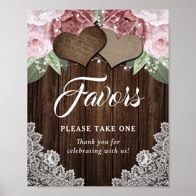 Affiche Cœur en bois rustique Faveur de mariage floral ros (Devant)