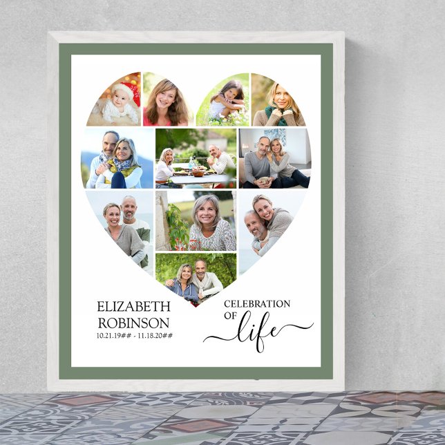Affiche Coeur en forme 11 Photo Collage Célébration de la  (Funeral memorial poster to order professionally printed or as a printable digital download)