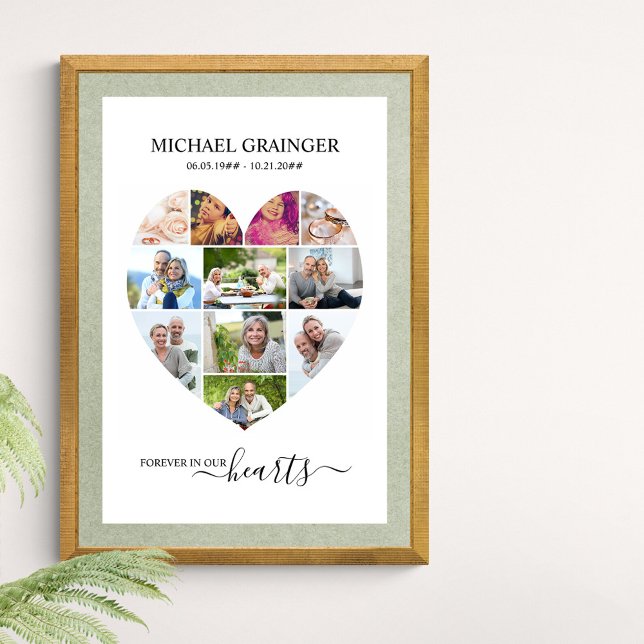 Affiche Coeur en forme 11 Photo Collage funéraire commémor (Funeral memorial poster to order professionally printed or as a printable digital download)