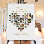 Affiche Coeur en forme 48 Photo Collage funéraire Bienvenu<br><div class="desc">Cette belle affiche commémorative est parfaite pour saluer la famille et les amis en entrant dans la célébration de la vie de votre être cher. Le design comprend 48 photos carrés en forme de coeur et de texte doré qui dit "Pour toujours dans nos coeurs". Ajoutez du texte personnalisé à...</div>
