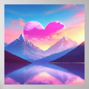 Affiche Coeur et coucher de soleil de montagne Art du pays