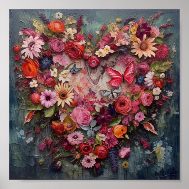 Affiche Coeur fait de fleurs et de papillons (Devant)