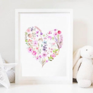 Affiche Coeur floral Aquarelle rose Girl Décor