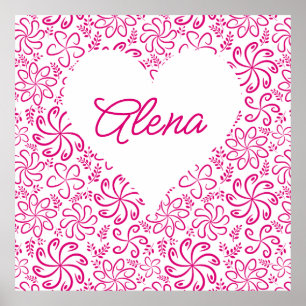 Affiche Coeur floral en blanc rose avec nom
