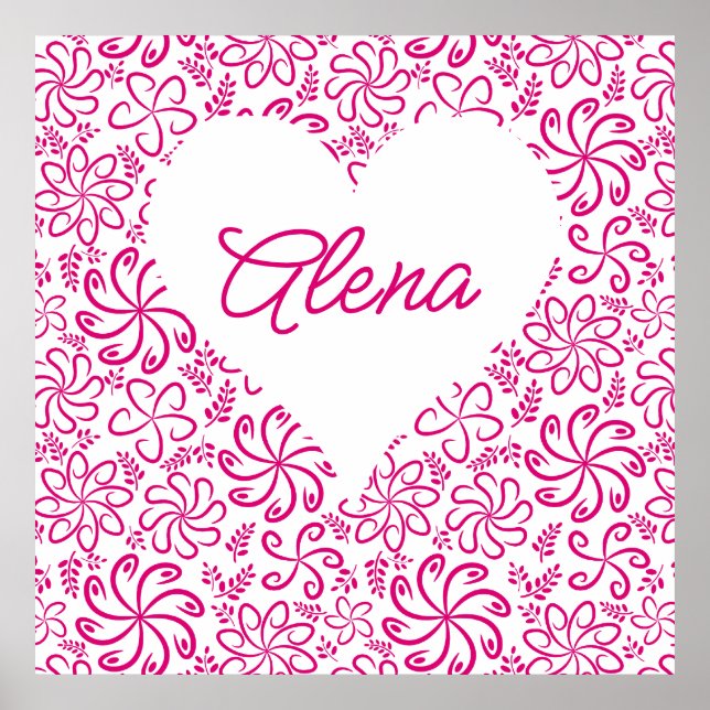 Affiche Coeur floral en blanc rose avec nom (Devant)