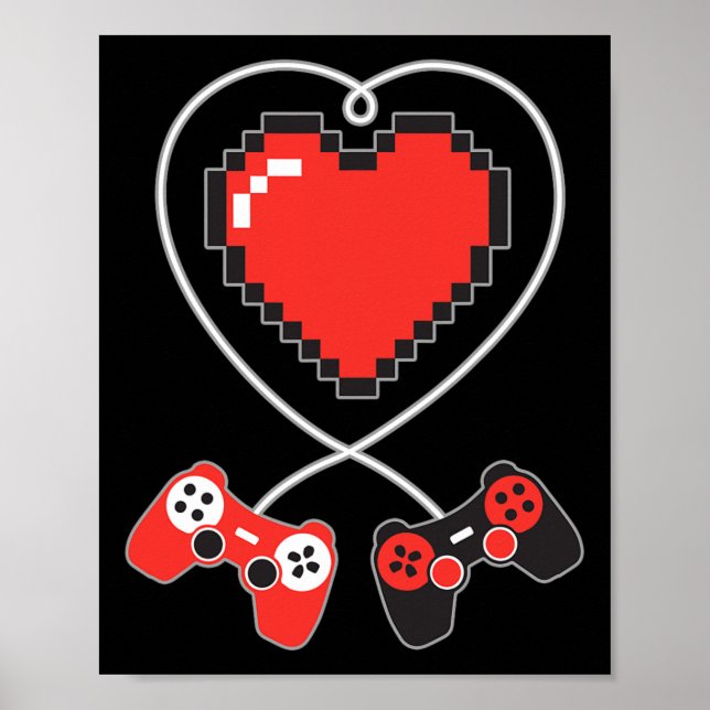 Affiche Coeur Pixel Art jeu vidéo Contrôleur Valentines D (Devant)