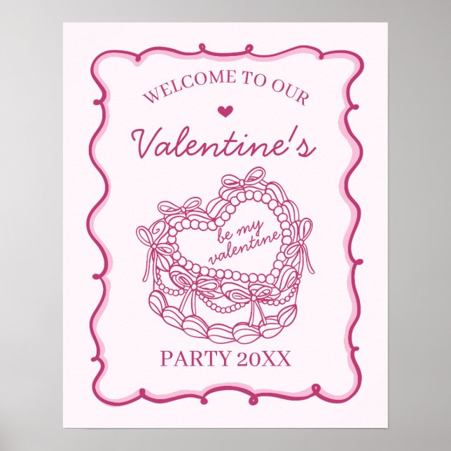 Affiche Coeur rose rétro Coquette gâteau Saint-Valentin Bi (Devant)