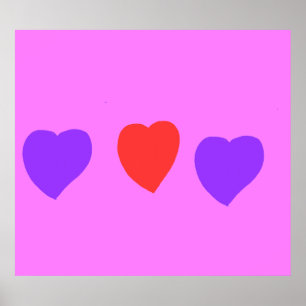 Affiche Cœur rouge avec des cœurs violets sur fond rose