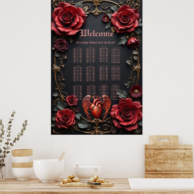 Affiche Coeur rouge gothique avec Rose - Romantique foncé (Cuisine)