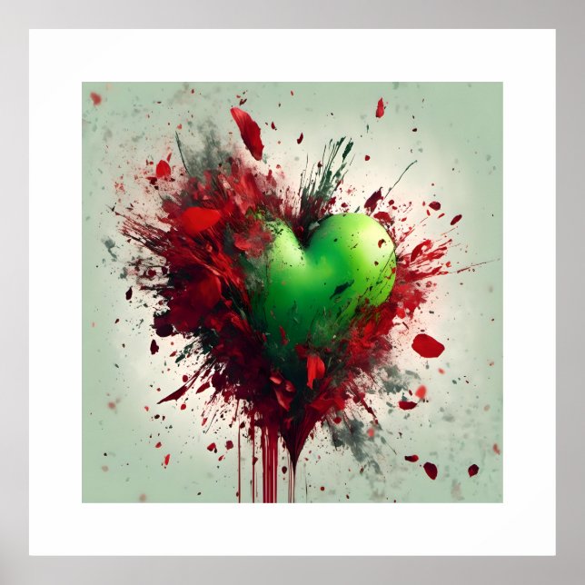 Affiche Coeur Vert Vibrant Avec Pétales Rouges Éparpillés (Devant)
