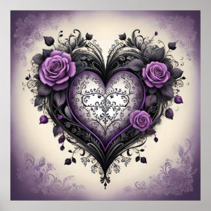 Affiche Cœur Violet Noir Orné 💜 Style Gothique Vintage