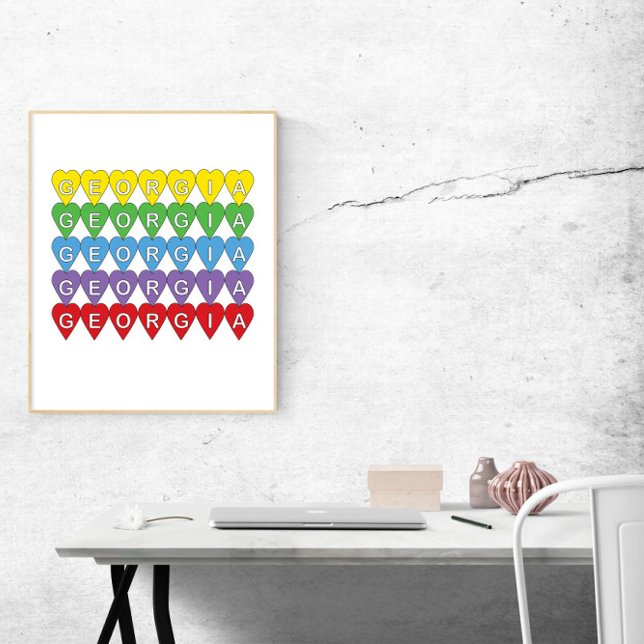 Affiche Cœurs arc-en-ciel de Géorgie (A poster of yellow, green, blue, purple and red hearts that say Georgia inside.)