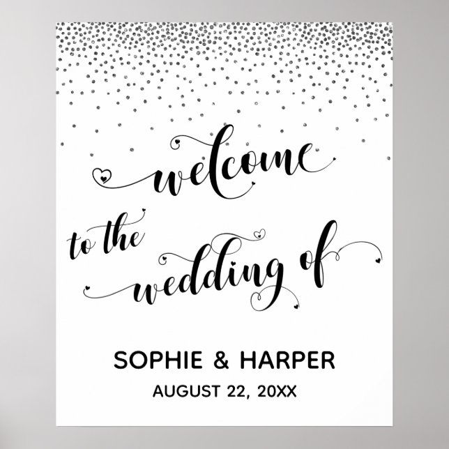 Affiche Coeurs Bienvenue au Mariage Silver Confetti Sign (Devant)