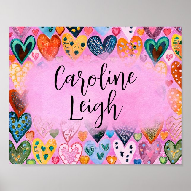 Affiche Coeurs colorés lumineux Nursery personnalisée (Devant)