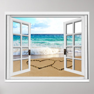 Affiche Cœurs dans le sable Fausse vue de plage Fenêtre