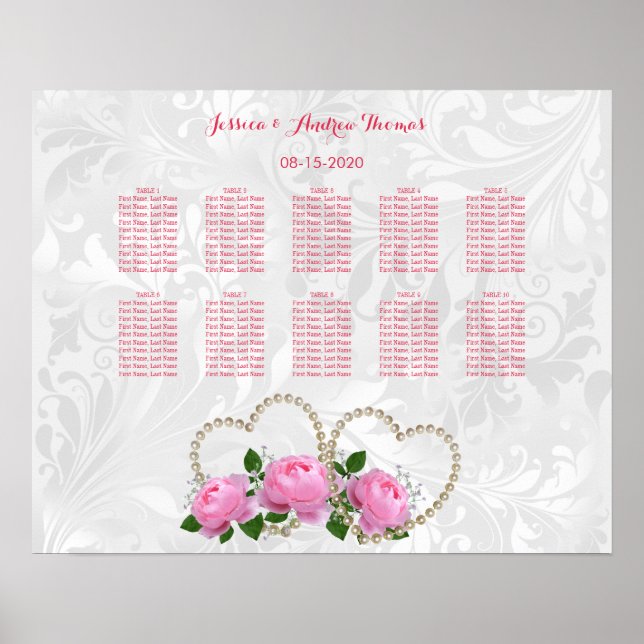 Affiche Cœurs de perle et roses Mariage damassé (Devant)