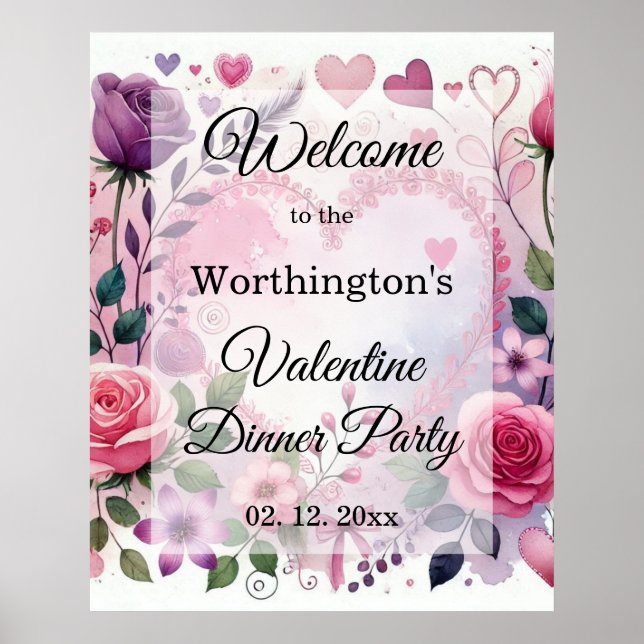 Affiche Cœurs de roses florale pastel valentin aquarelle (Devant)