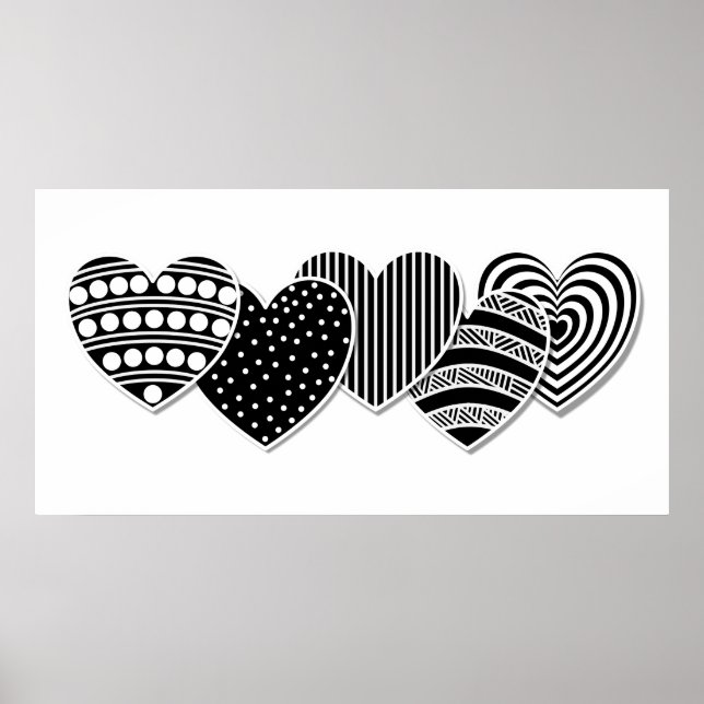 Affiche Cœurs décoratifs noir et blanc (Devant)
