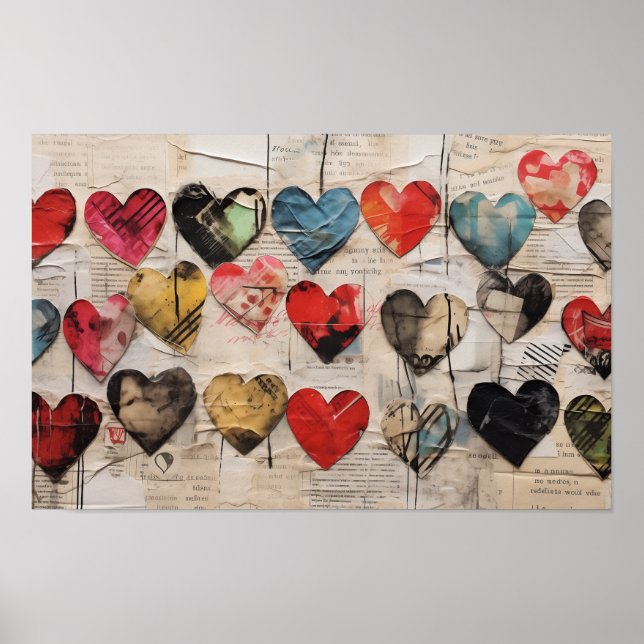 Affiche Coeurs divers avec collage de textures de papier (Devant)