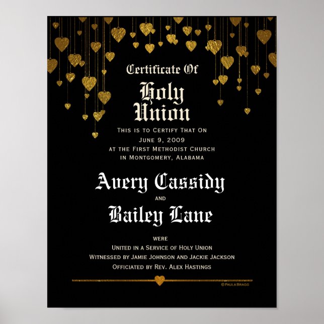 Affiche Coeurs d'or, texte blanc, certificat de Mariage no (Devant)