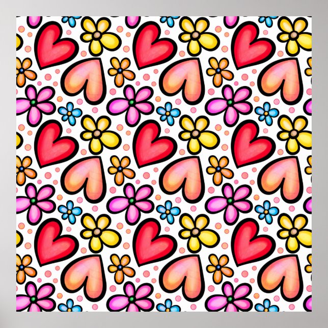 Affiche Coeurs et fleurs Aquarelle Valentine Motif (Devant)