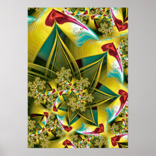 Affiche Cœurs fractals dorés et motif abstrait en éclateme