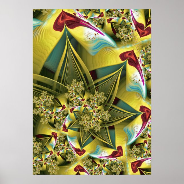 Affiche Cœurs fractals dorés et motif abstrait en éclateme (Devant)