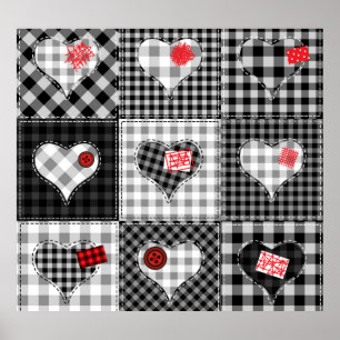 Affiche Coeurs Noir Blanc Patchwork Sans Couleur.