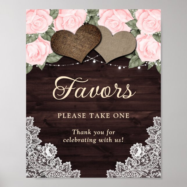 Affiche Coeurs Rustiques En Bois Blush Rose Floral Mariage (Devant)