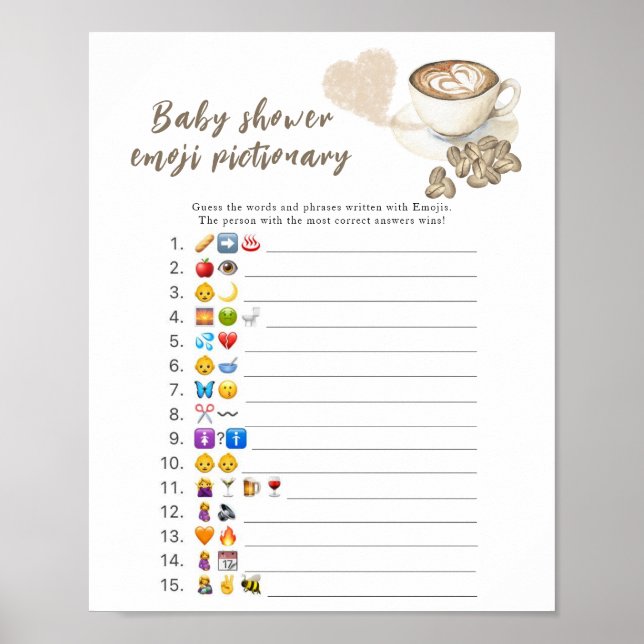 Affiche Coffee brewing baby shower Emoji picture game (Devant)