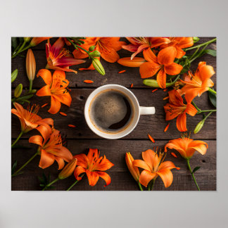 Affiche Coffee cup surrounded by vibrant orange flowers