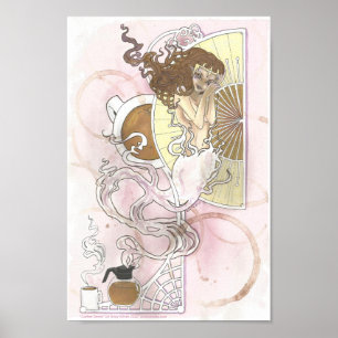 Affiche Coffee Genie Imaginaire Art nouveau brun rose Post