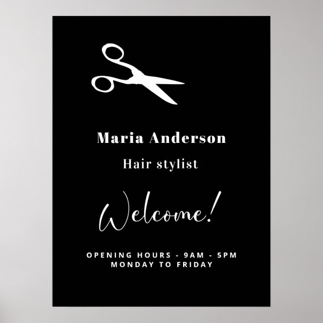 Affiche Coiffeur noir blanc heures d'ouverture bienvenue (Devant)
