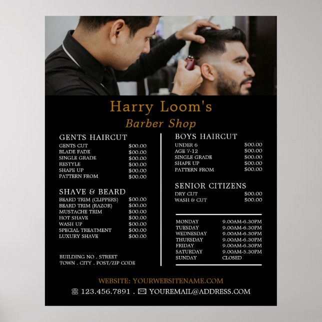 Affiche Coiffure élégante, Barbiers pour hommes Tarifs (Devant)