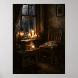 Affiche Coin de lecture cosy à la lumière des bougies et a