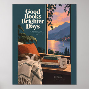 Affiche Coin de lecture cosy avec chat endormi et inspirat